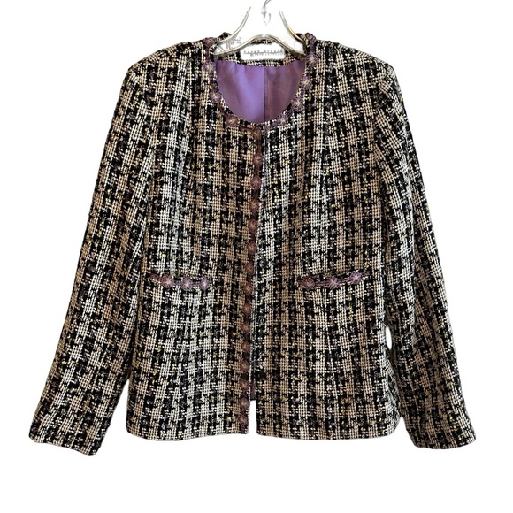 Harve Bernard collarless houndstooth blazer with a floral ribbon edge piping. M - Picture 1 of 11